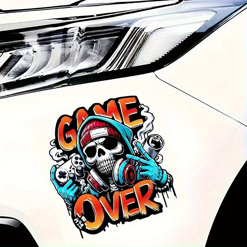 قطعة واحدة من ملصق جمجمة للألعاب (سماعات رأس وحدة تحكم الألعاب) شارات فينيل مقاومة للماء باللون البرتقالي والأزرق والأبيض لتزيين السيارة