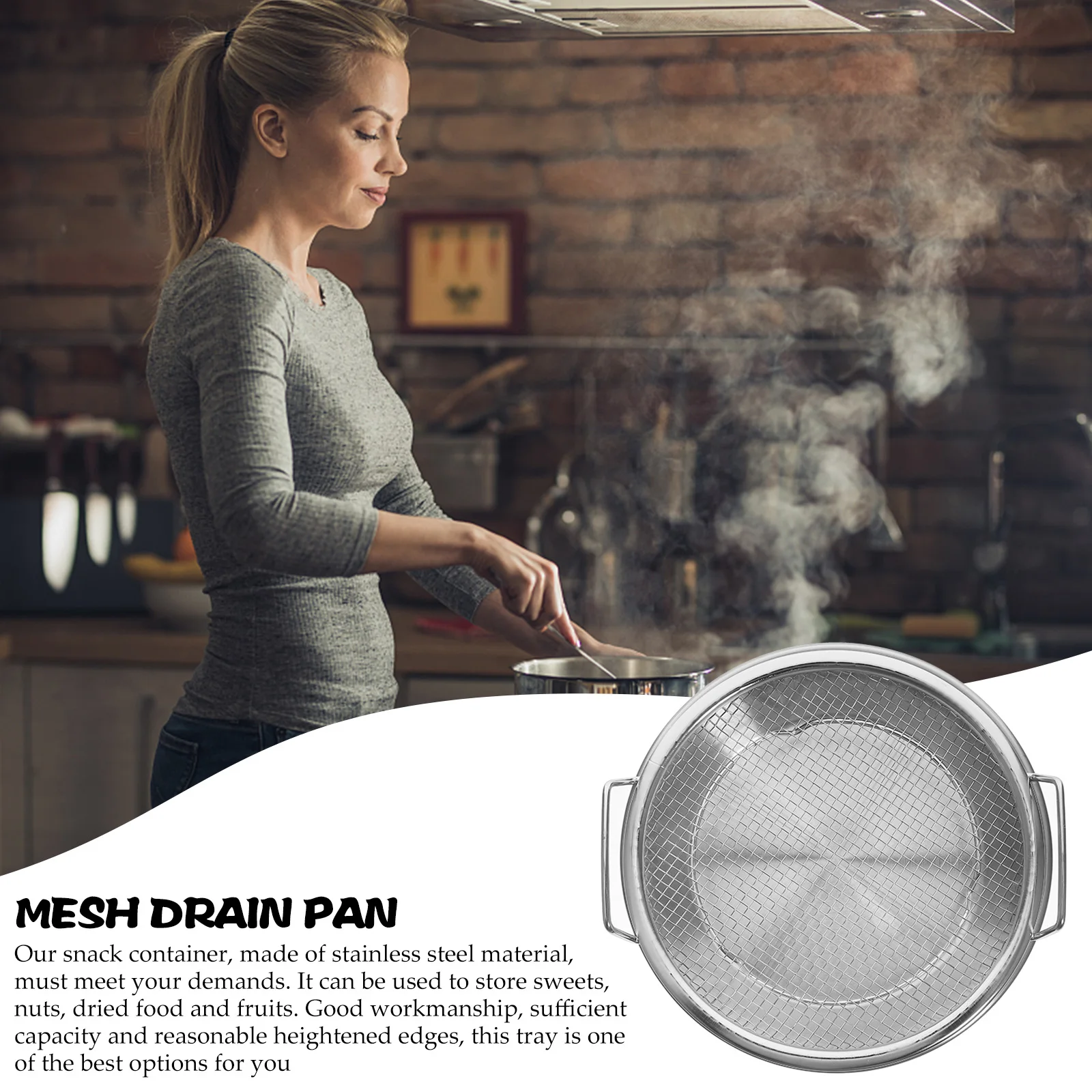 

1 set Stainless Steel Oil Drain Plate with 22CM Frying Net Filter Tray for Kitchen Snack Dish Fruit Plate Salad Strainer