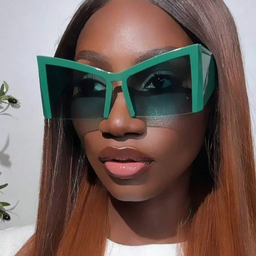 Fashion Oversized Half Frame Cat Eye Sunglasses Women Green Red Gradient Square Sun Glasses Ladies Elegant Eyewear Travel Shades