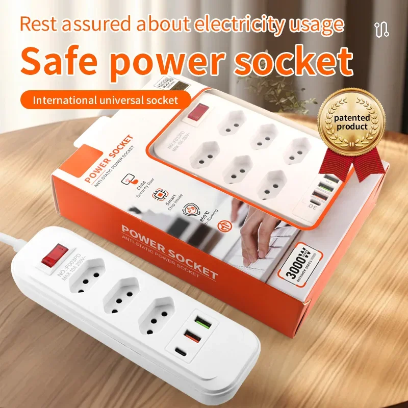 Power Strip Electrical Socket BR 15A Brazil Plug with Usb Type-c PD22W Extension Code Cable Office Brazilian AC Outlet Multitap