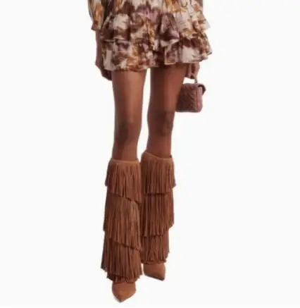 

Autumn Woman Brown Black Beige Solid Suede Tassel Knee High Boots Female Pointed Toe Layer Fringed High Heel Long Boots Shoes
