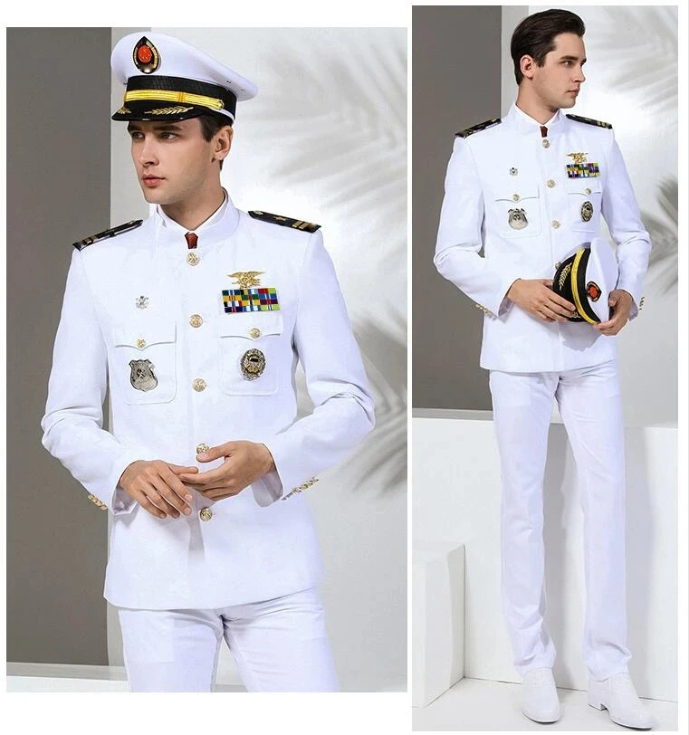 Celebrate  Party Show Navy Uniform White military Clothes Men Navy attire White Military Suits  men halloween cosplay costume