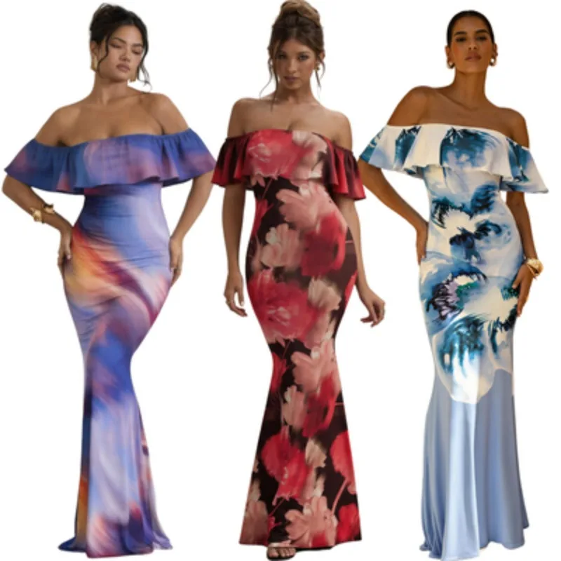 Off the shoulder pink vortex print elegant summer beach party sexy summer off the shoulder long dress with floral ruffles