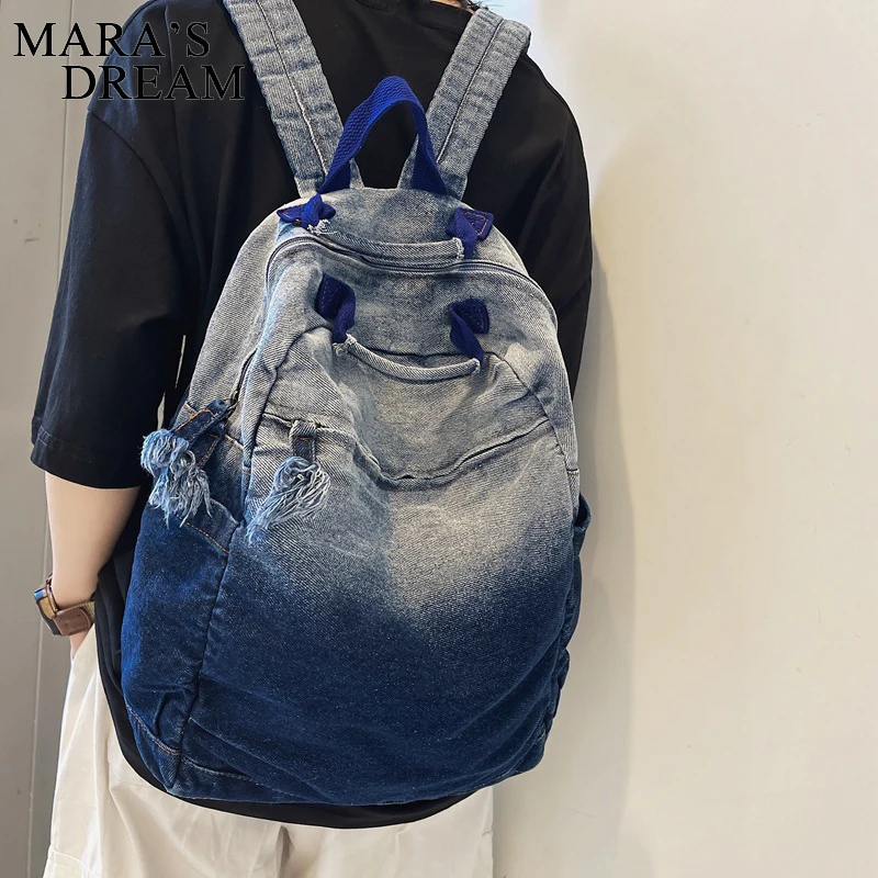 Mara's Dream Washed Gradient Denim Blue Backpack College Style Women Backpack Student School Bag Teenage Couple Travel Rucksacks