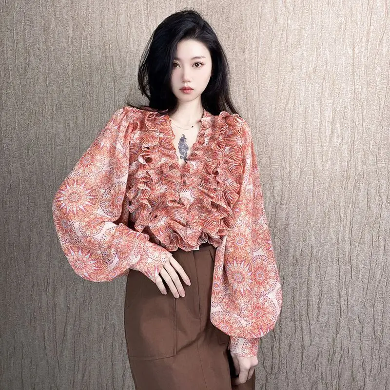 Vintage V-neck Long Sleeved Floral Temperament Shirt Women2024 Spring Ruffles Y2K Chiffon Shirt Large Size Bishop Sleeve Tops