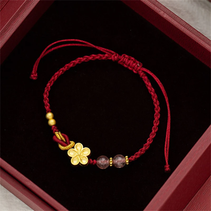 Lucky Peach Blossom Transfer Bead Bracelet for Women Men Handmade Braided Red Rope Adjustable Bracelet Couple Jewelry Gifts