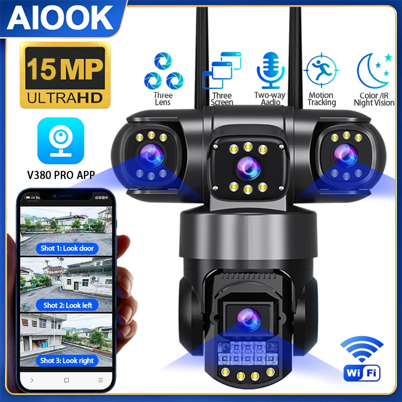 

AIOOK Outdoor Security Camera HD 15MP WIFI IP Camera Three Lens V380 PRO Camera Night Vision Waterproof Mobile Tracking CCTV