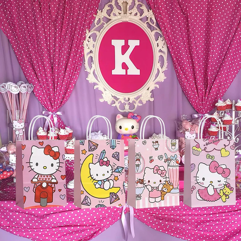 12pcs Hello Kitty Kraft Gift Bags with Handles Pink Kitty Themed Party Paper Favor Bag Baby Shower Kid Birthday Party Decoration