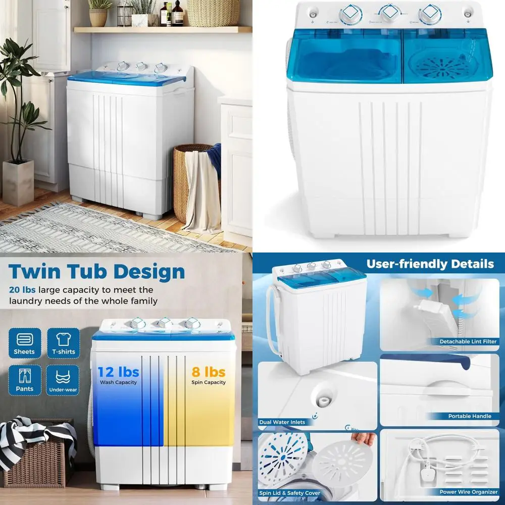 

Compact Twin-Tub Washer with 20-lb Capacity, Drain Pump, 12-lb Washer and 8-lb Spinner, Timer Control, Ideal for Dorms and RVs,