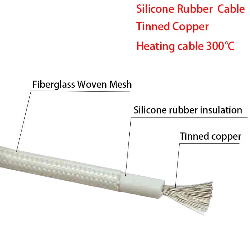 Cable calefactor de alta temperatura 300 de caucho de silicona de fibra de vidrio 17/15/13/11/9/7/5AWG ℃   Cable de horno calefactor con núcleo de cobre estañado