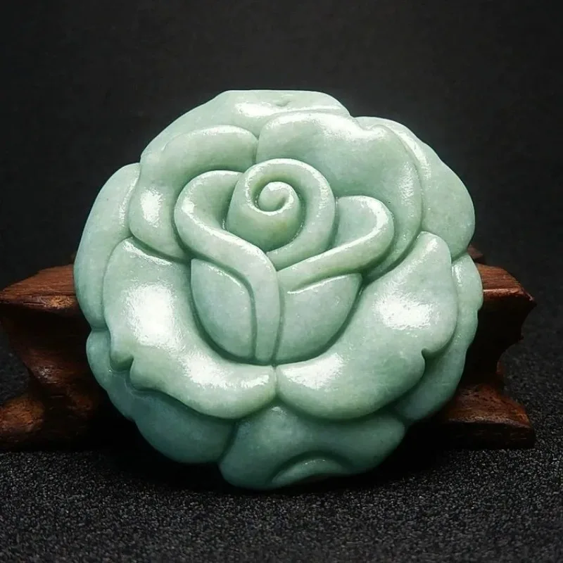 

Natural Bean Green Handmade Carved Rose Jade Pendant Fashion Boutique Jewelry Men's and Women's Flower Necklace Gift