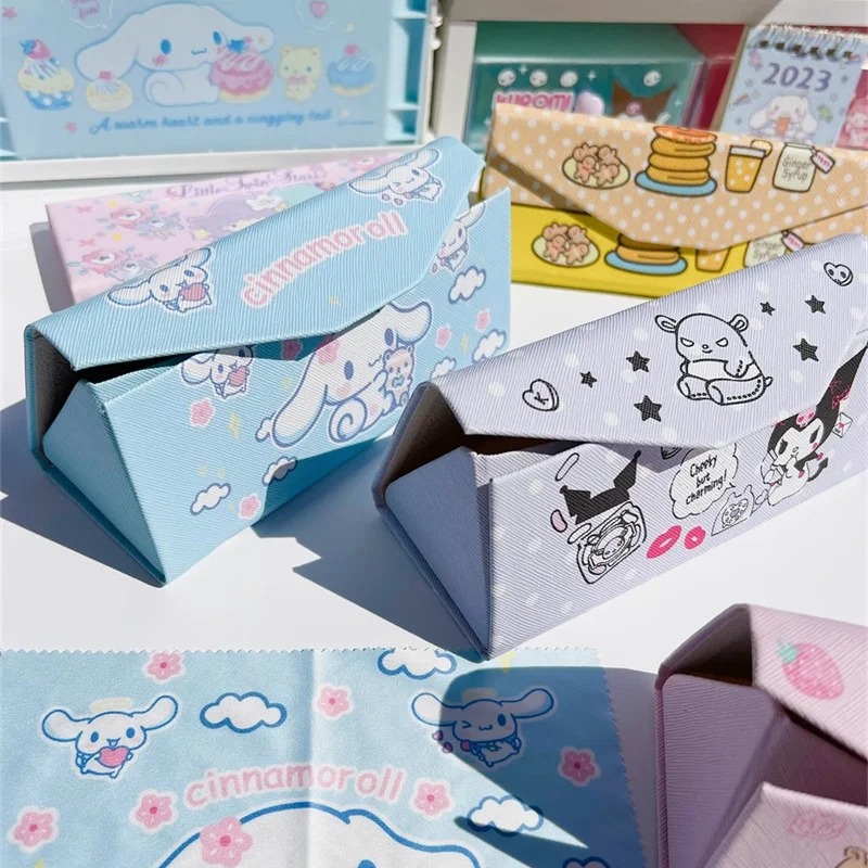 Sanrio Folding Glasses Case Cinnamoroll Kuromi My Melody little twin star Portable Glasses Storage Box Glasses Cloth Kids Gift