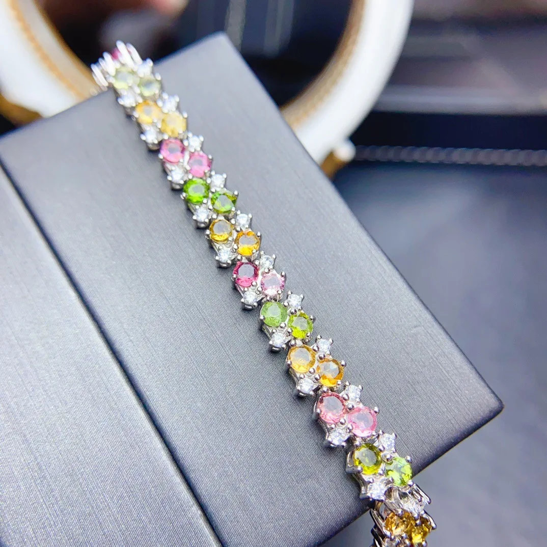 Natural Candy Color Tourmaline Tennis Bracelet 3x3mm Round Cut 925 Silver Adjustable Multicolor Gemstone Bracelet