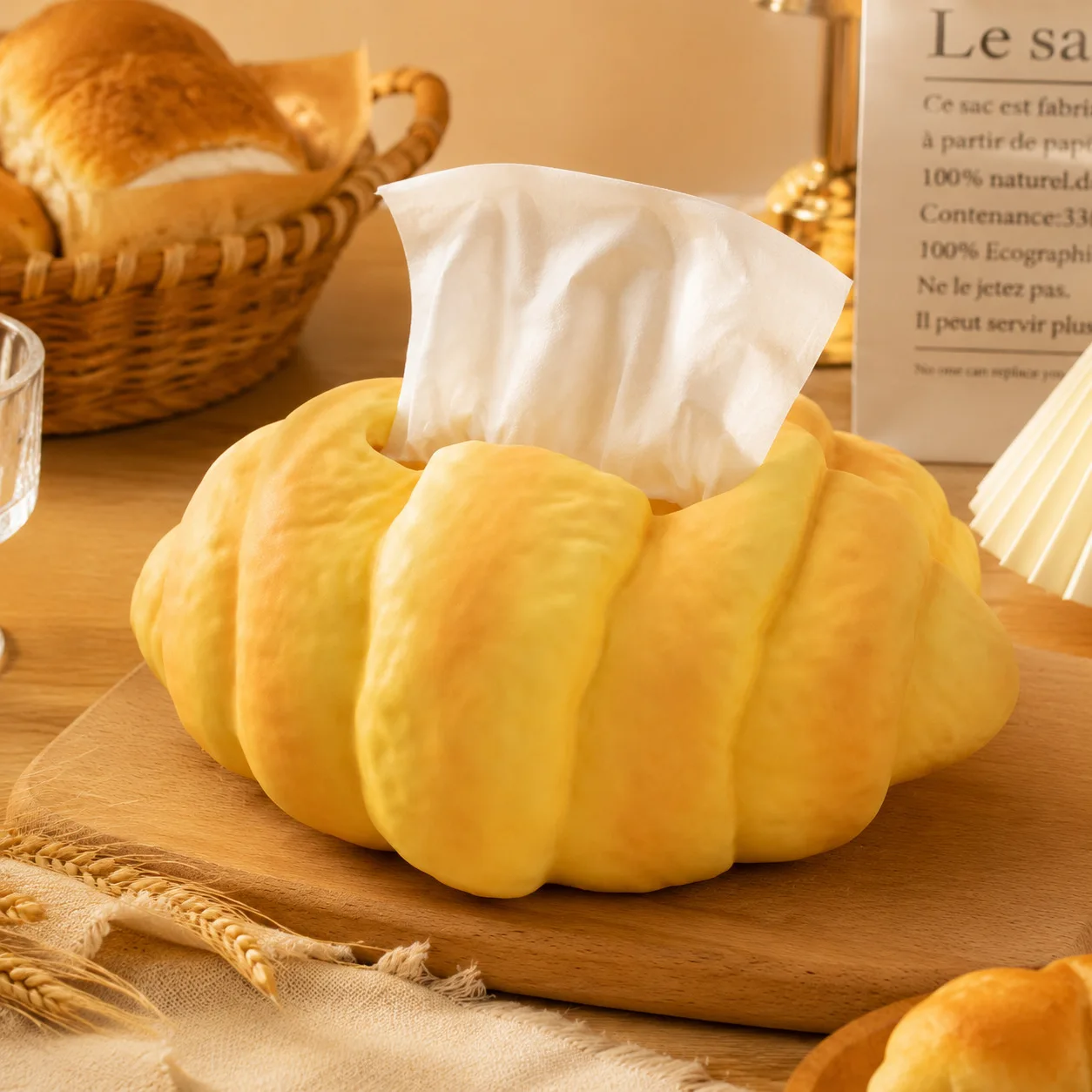 A realistic bread-shaped desktop tissue storage box, perfect for the living room, kitchen, bakery, and as a creative decorative