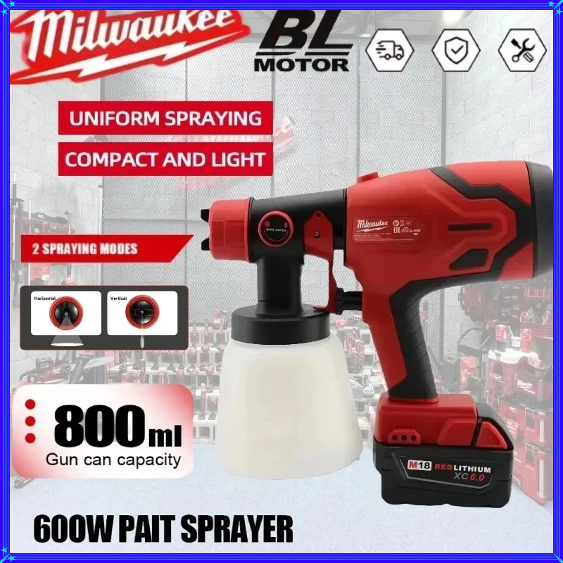 Pistolet à peinture électrique Milwaukee Haute puissance Pulvérisateur de peinture 800ML Sans fil Portable Auto Meubles Revêtement en acier Aérosol pour 18V/20V