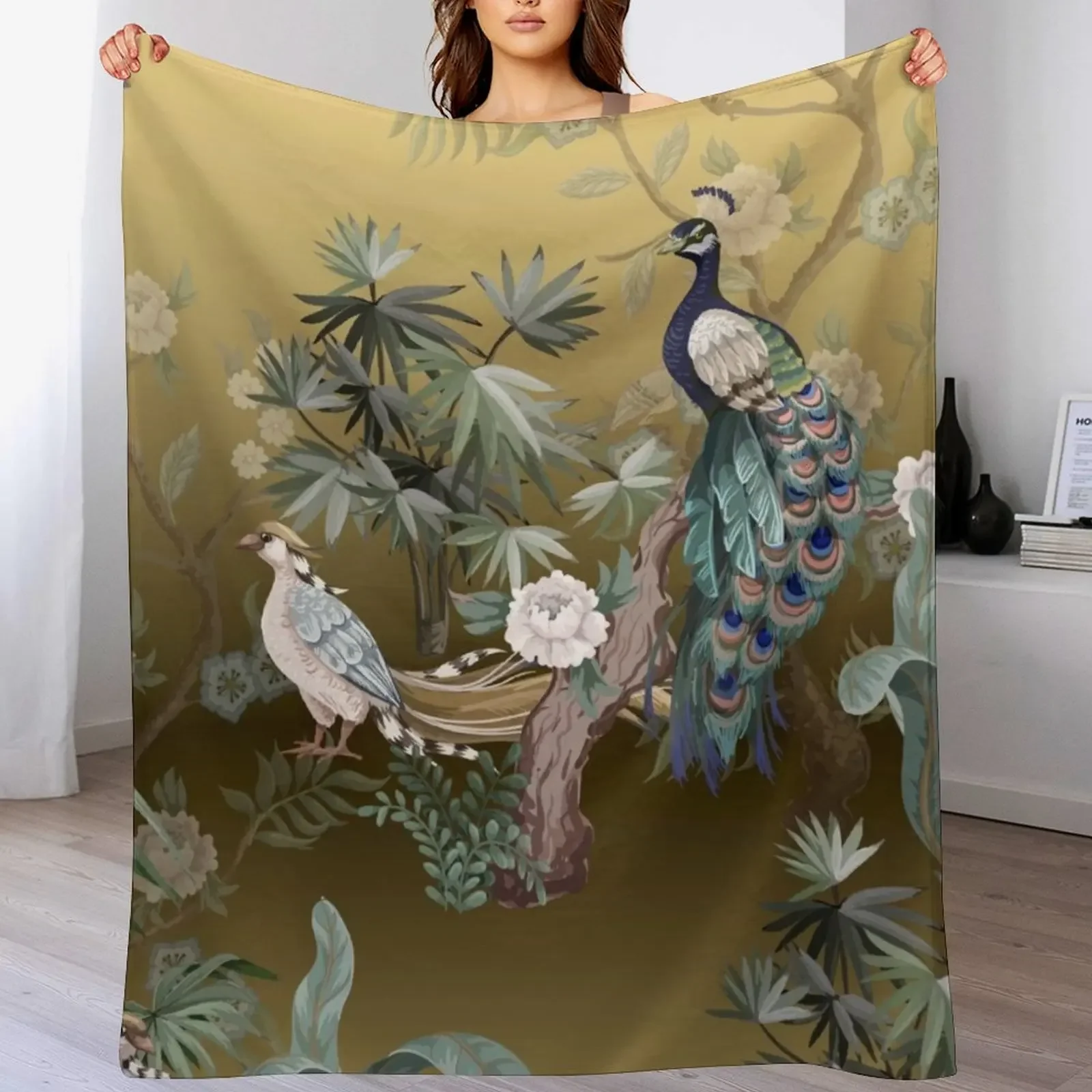 

Fengshui Oriental Chinoiserie - Gold Leaf Garden with Peacock and Quail Throw Blanket Thermals For Travel Bed linens Blankets