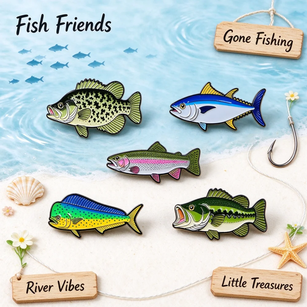 Realistic Fish Enamel Pins Freshwater Saltwater Bass Truna Rainbow Lapel Badge Metal Brooch Fishing Lover Backpack Gift