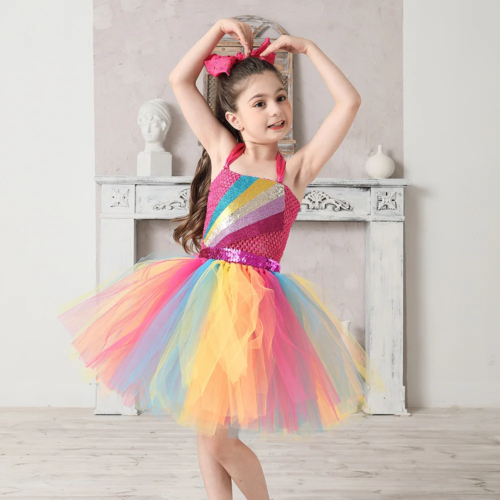 New Halloween Girls Rainbow Princess Tulle Tutu Dress Kids Multi-Colored Mesh Dress Flowy Tiered Sheer Outfit Long Mesh Attire