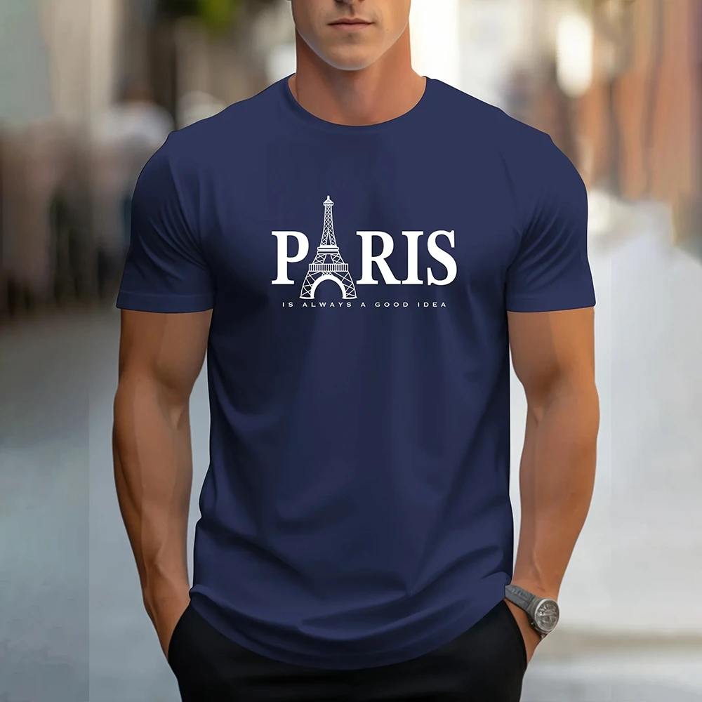 Fashion Men\'s Paris Letter Print T-Shirt Casual Solid Color Short Sleeve T-Shirt Clothing Summer Plus Size Loose O-Neck T-Shirts