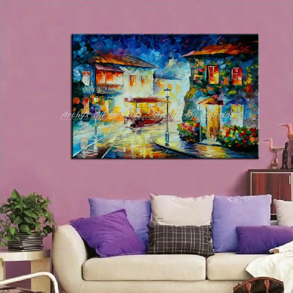 Arthyx Hand-Painted Thick Canvas,Oil Paintings,Handmade Landscape Street Corner Picture,Modern Wall Art For Room,Home Decoration