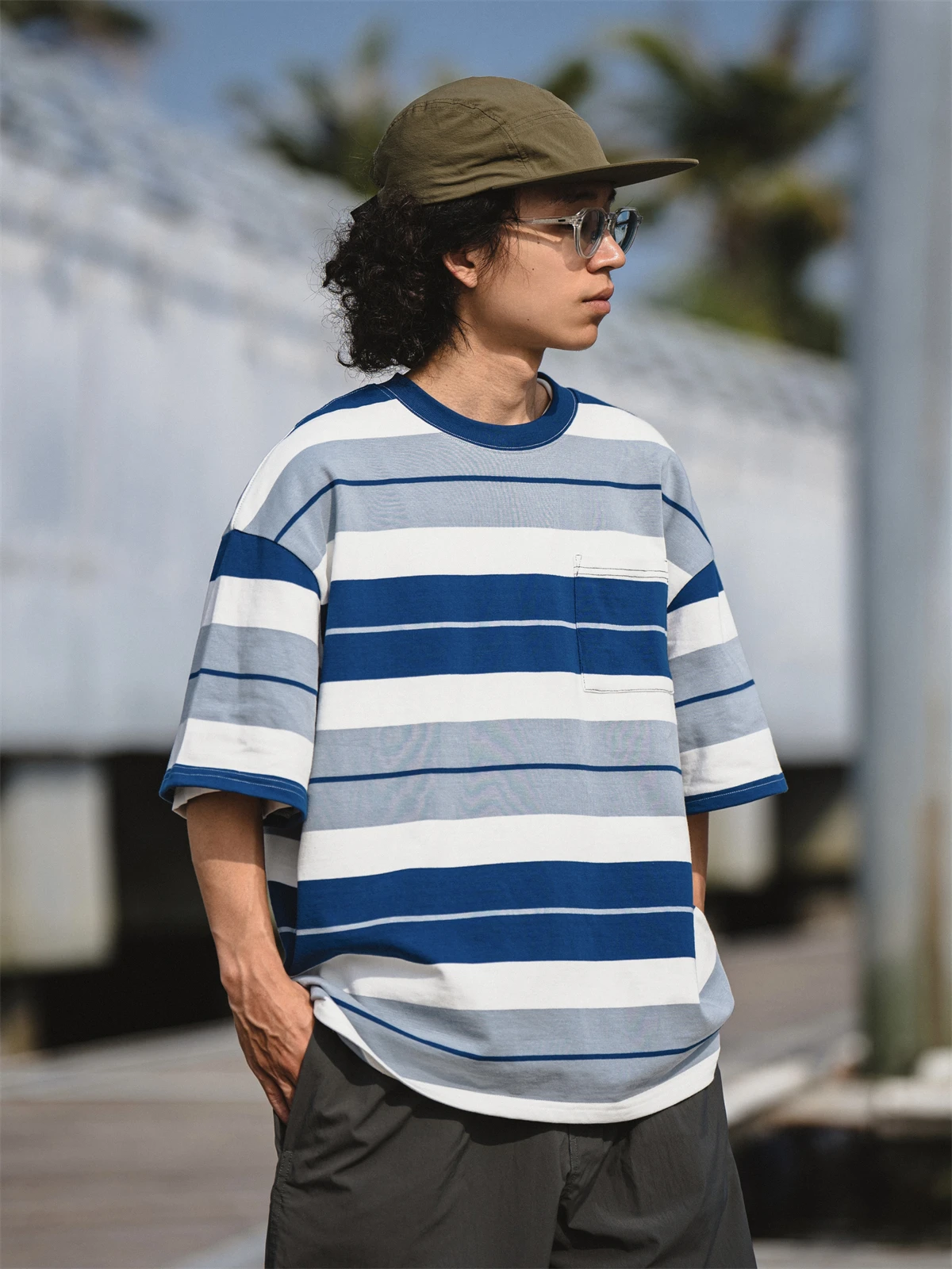 Heavyweight Pure Cotton Nautical Blue Striped Short Sleeve Loose Fit Cityboy Small Collar Tee Breathable Sweat Absorbent Comf...