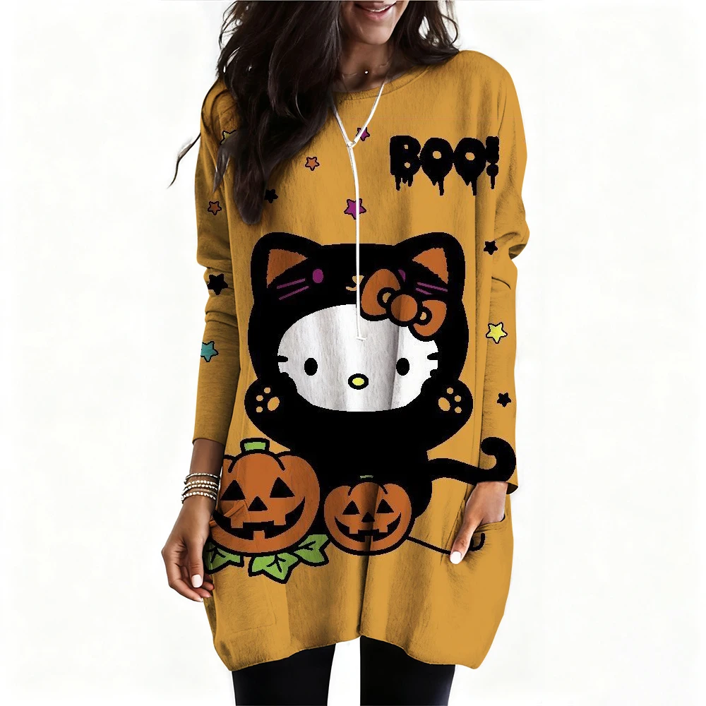 Damska koszulka z długim rękawem z nadrukiem gitary elektrycznej Hello Kitty firmy Sanrio, casualowa, modna na wiosnę/lato, wzór Y2K, z kieszenią.