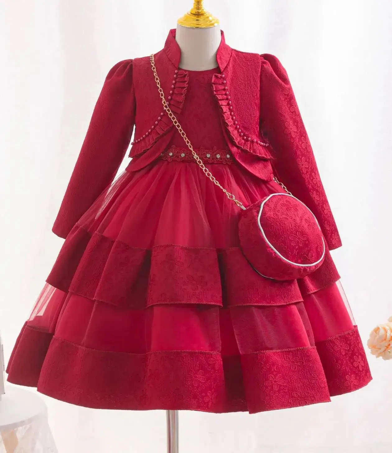 

Новые концертные платья для девочек, праздничное платье для девочек, рождественский комплект из 3 предметов, детская одежда с длинными рукавами и элегантной сумкой для детей от 3 до 8 лет