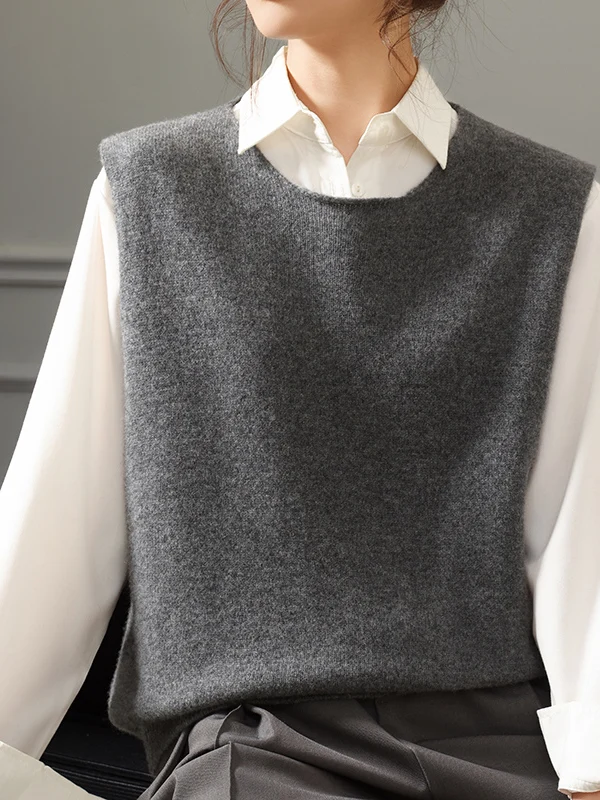 

Элитный вязаный жилет из чистой шерсти для женщин, с круглым вырезом, без рукавов, для многослойного ношения, художественный дизайн, верхняя одежда