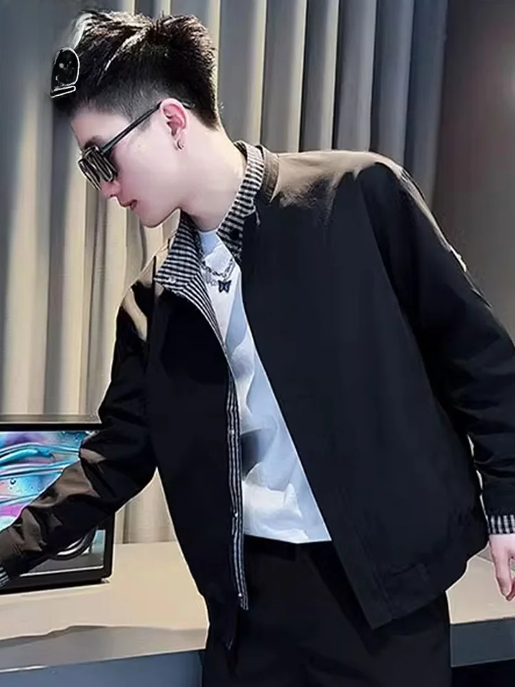 

Men's Casual Patchwork Jaet Spring 2026 Trendy Loose Fit Long Sve Stand Collar Outerwear Polyester Fiber