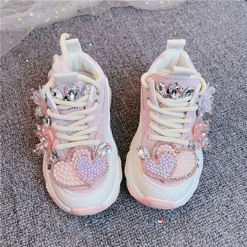 Kids Sneakers 2023 Girls Spring Fashion Casual Running Sports Trainers Brand Breathable Children Pink Pearl with diamond Flats