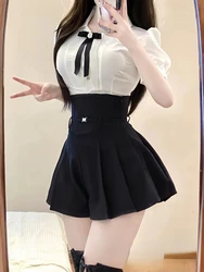 Élégant chemisier blanc à manches courtes et short slim taille haute pour femme, ensemble de mode coréenne Kawaii, vêtements d'été, esthétique, 2024