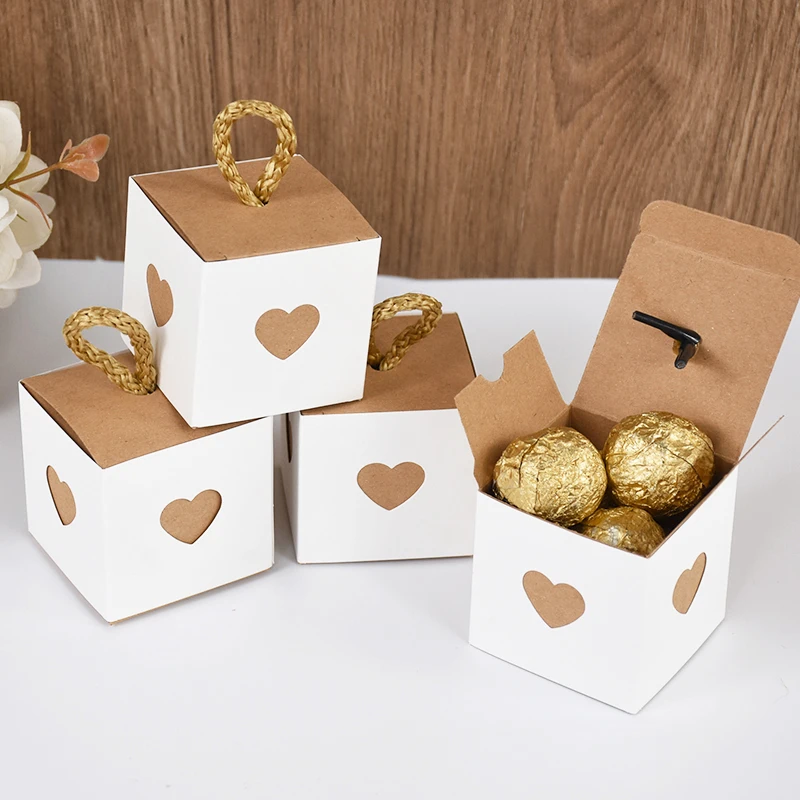 Square Heart Kraft Paper White Brown Candy Boxes With Twine Handles Gifts Packaging Boxes Wedding Birthday Party Supplies Favor