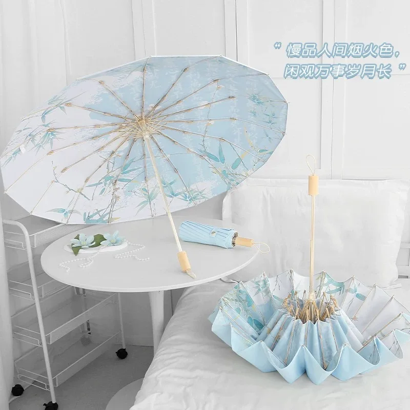 

​Windproof Umbrella UPF50+ Sun Rain Proof Large Canopy Chinese Bamboo Pattern Aluminum Alloy Frame Folding Umbrella for Women