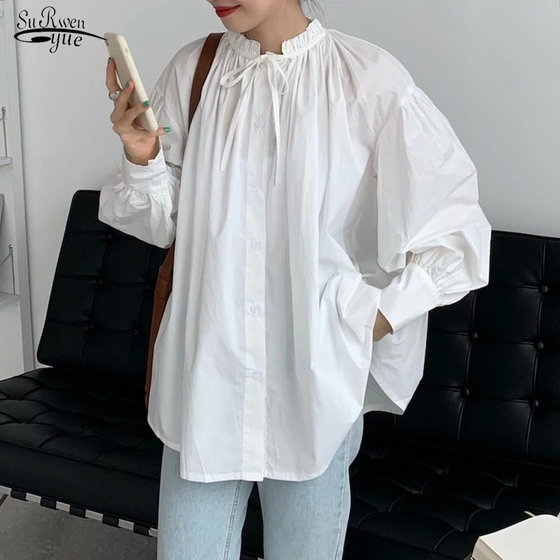 

Long Sleeve Cotton Girl's Blouse Chic Baroque Lace-up Lantern Sleeve Ultra-loose Shirt Femme Casual White Top Women Blouse 12299