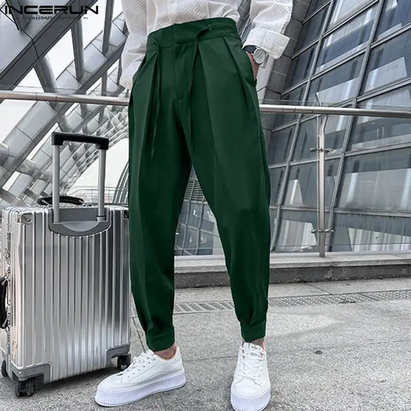 2023 Pantaloni da uomo di moda Tinta unita Lace Up Pantaloni a pieghe Pantaloni casual da uomo Allentati Streetwear Pantaloni lunghi per il tempo libero S-5XL INCERUN