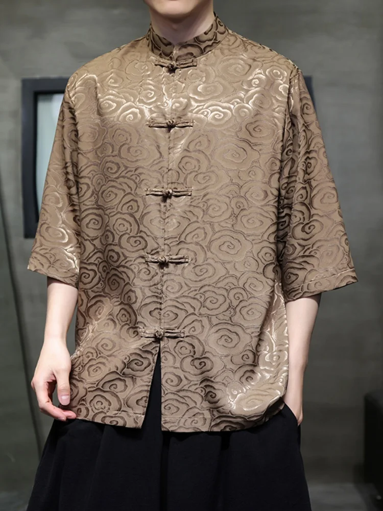 

Новая китайская мужская рубашка из ледяного шелка с коротким рукавом, летняя модная традиционная одежда в стиле Ханьфу и Тан, национальный тренд, верхняя одежда