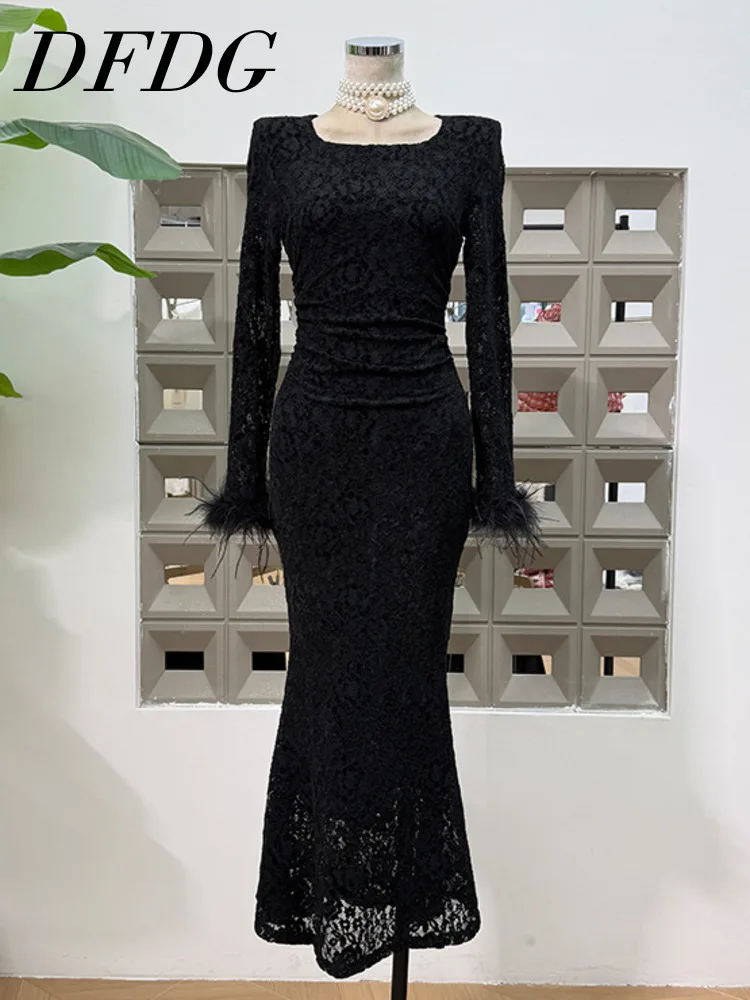 

DFDG женское дизайнерское кружевное лоскутное платье русалки с перьями, элегантное облегающее платье с круглым вырезом, тонкое вечернее платье 202, осень-весна