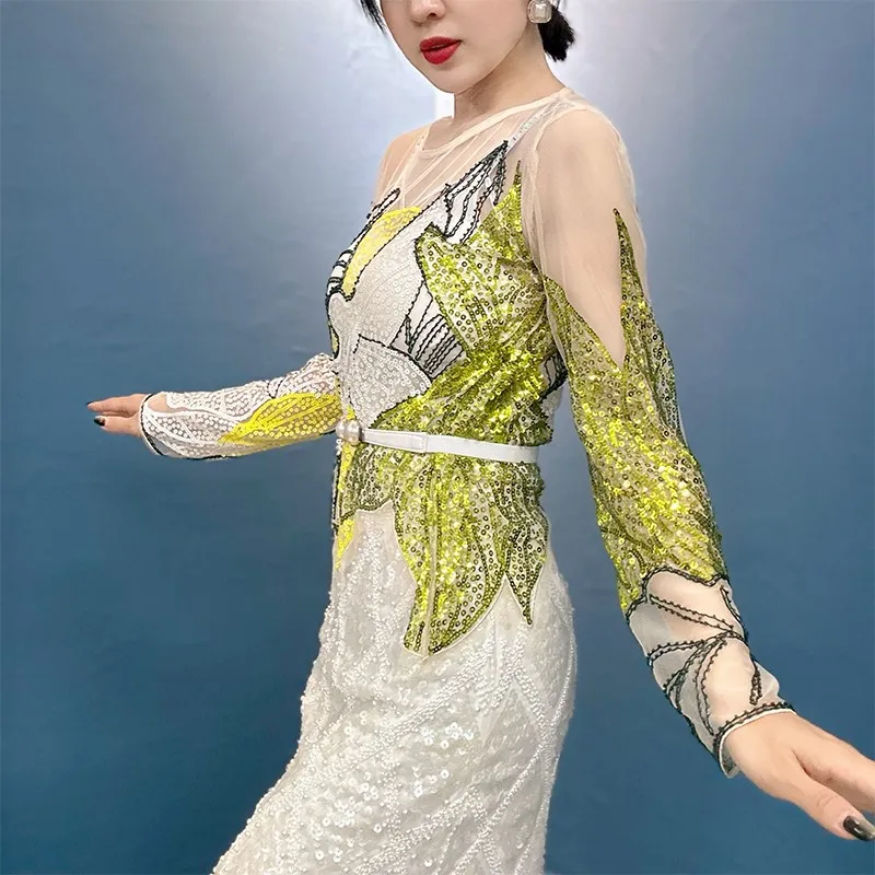 Chic Ins Luxury Women Sequins Floral Embroidery Sheer Blouses Shirts Irregular Beadings Sexy Club Blousa Party Woman Tops NS712