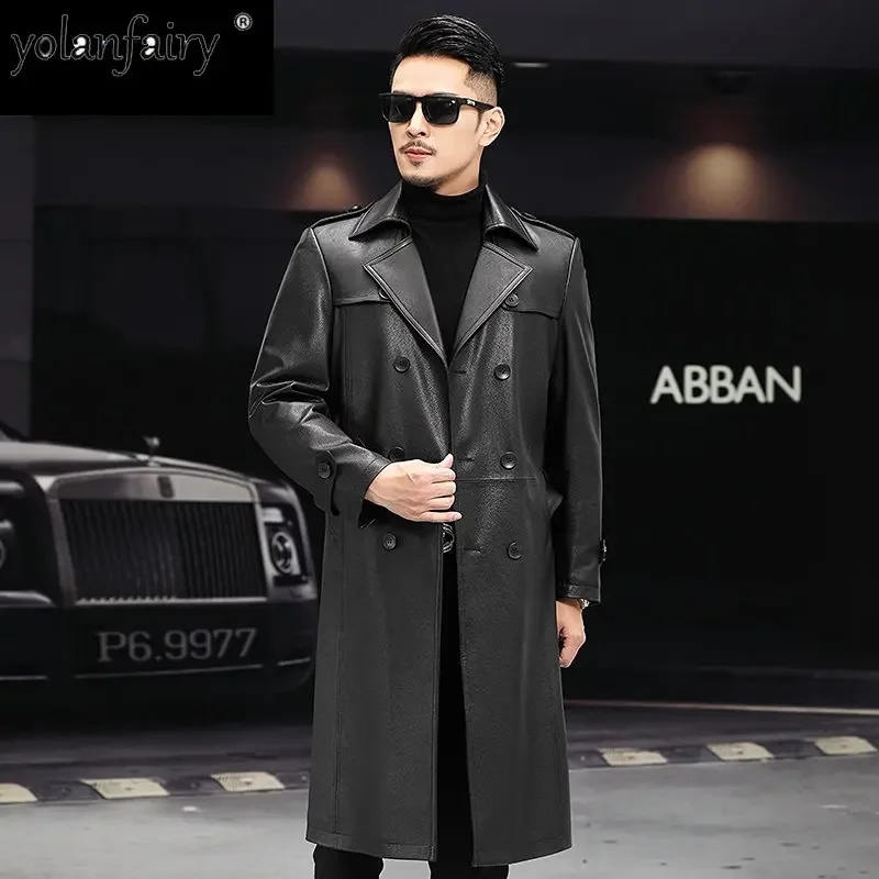 Spring Autumn Genuine Leather Jacket Men's Long Leather Windbreaker Coats Double Breasted High-end Pure Cowhide Leather Coat FCY