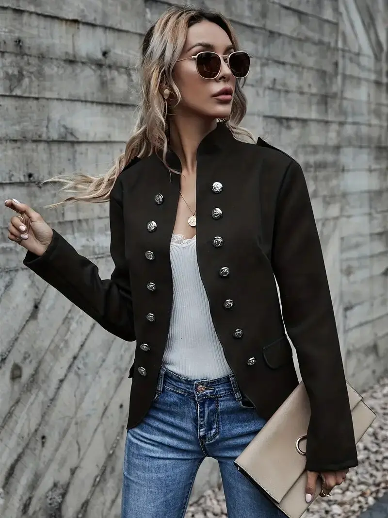 Autumn and winter casual fashion new button decoration stand collar long sleeve solid color cardigan suit jacket