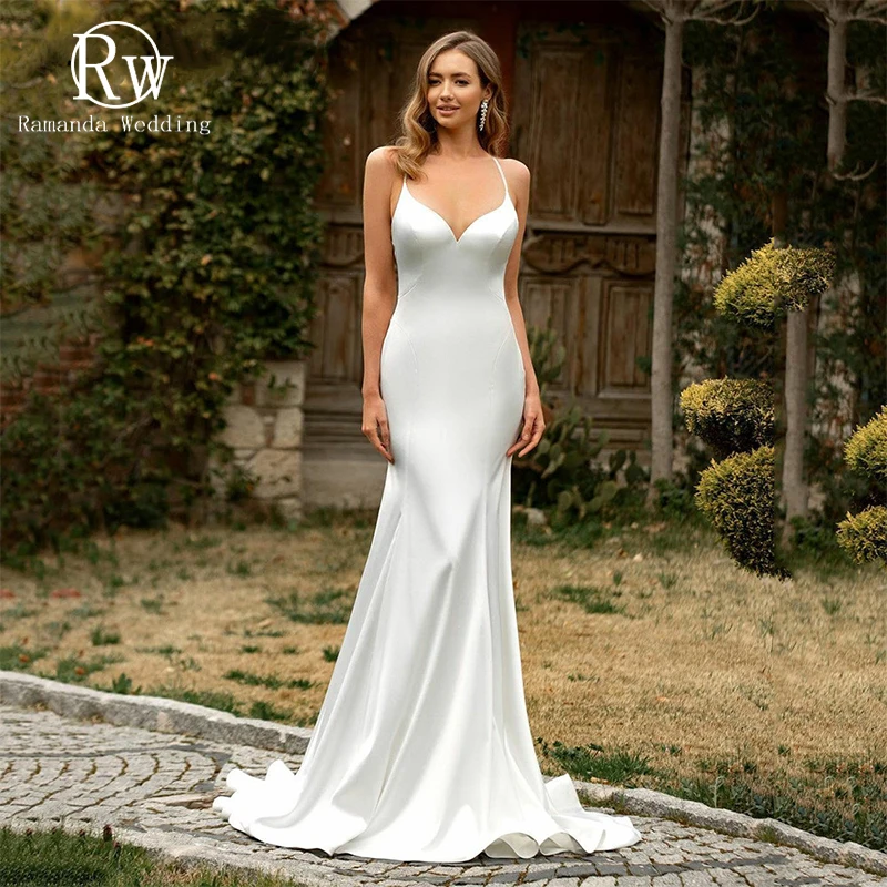 

Simple Satin Mermaid Wedding Dress For Bride 2024 Spaghetti Straps V-Neck Sexy Bridal Gown Backless Elegant Vestido De Novia