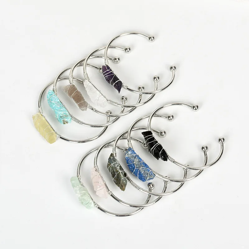 Irregular Natural Stone Cuff Bracelet Women Gold Color Wire Wrap Irregular Raw Crystal Quartz Bangles Fashion Stone Jewelry Gift