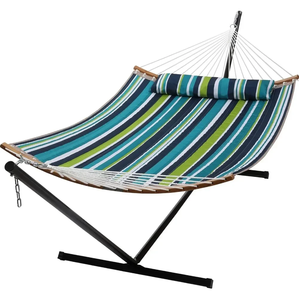 

Hammock with Stand, 2 Person Heavy Duty Hammock with Padded Cotton, Detachable Pillow & Strong Curved-Bar, Hammock