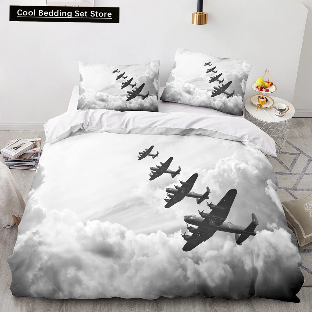 Airplane King Queen Full Duvet Cover Vintage Fighter Bedding Set for Kids Teens Adults Sky Clouds Grey 2/3pcs Soft Quilt Cover