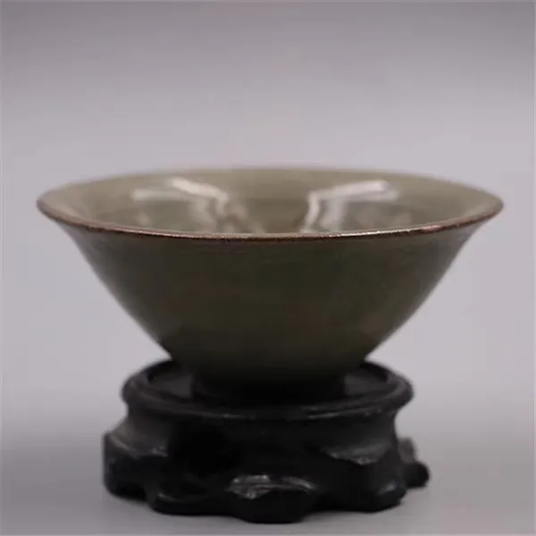 Song Dynasty Yaozhou Kiln Celadon Baby Play Carved Flower Small Dou Bamboo Bowl Antique Porcelain Decorative Ornaments