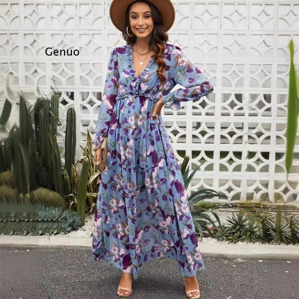 2025 ربيع الموضة الجديدة للسيدات زهرة مطبوعة نمط أنيق مساء فستان طويل المرأة فستان بأكمام طويلة