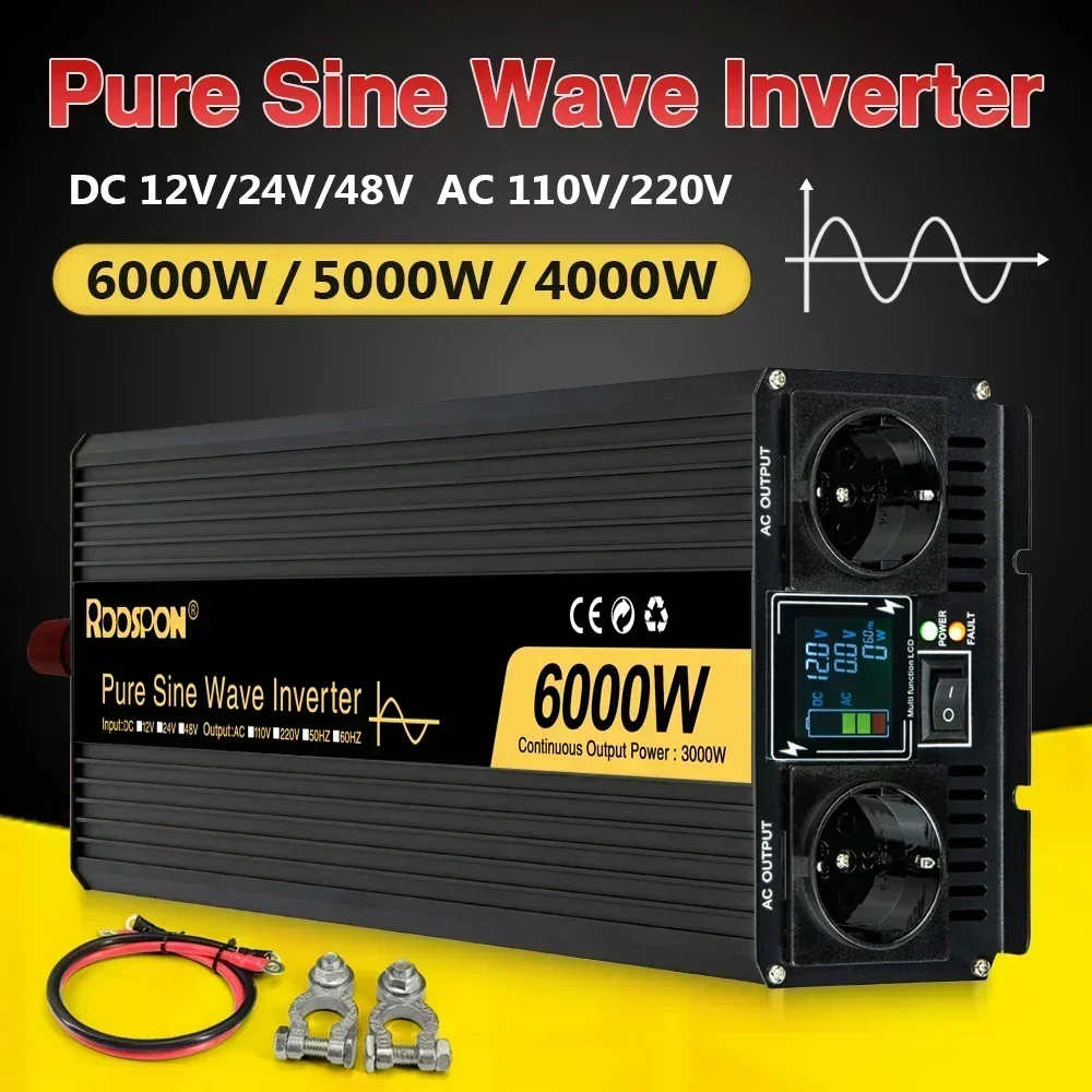 

Pure Sine Wave Solar Inverter Double EU Socket 4000W 5000W 6000W DC 12V 24V 48V To AC 220V 50Hz 60Hz Voltage Power Converters