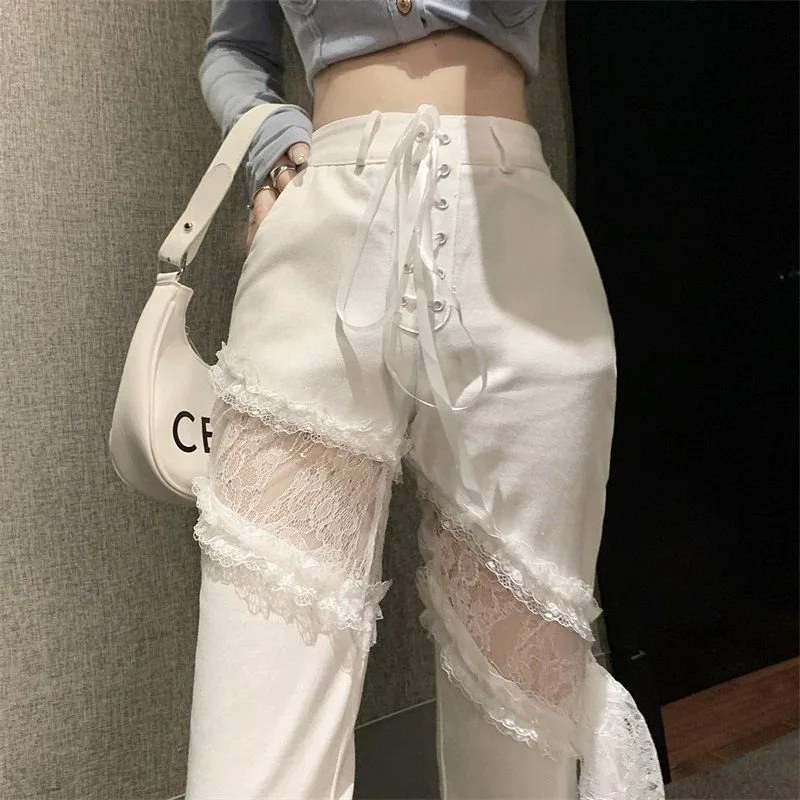 Y2k Lace Stitching Hollow Out Side Slit Bandage High Waist Flared Jeans Slim Gothic Punk Streetwear Denim Pants Harajuku Trouser