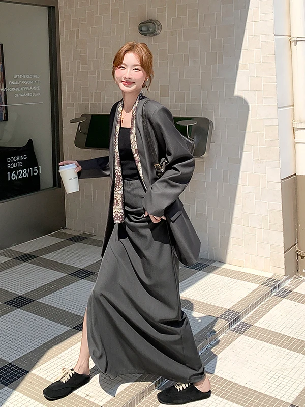 

Gray Suit Halter Neck Dress Two Piece Set Women's Spring Autumn New Maturity Style Office Commuting Outfit High Waist