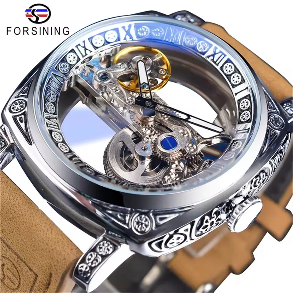 Forsining 403B Fashion Men Mechanical Watch Skeleton Transparent Dial Creative Retro Elegant Leather Strap Business Men Watches